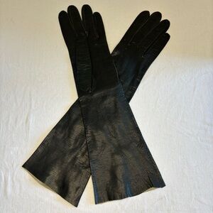 VNT LADIES BLACK LEATHER KID SKIN GLOVES 15" UNLINED Sz7½ MADE IN FRANCE ELEGANT